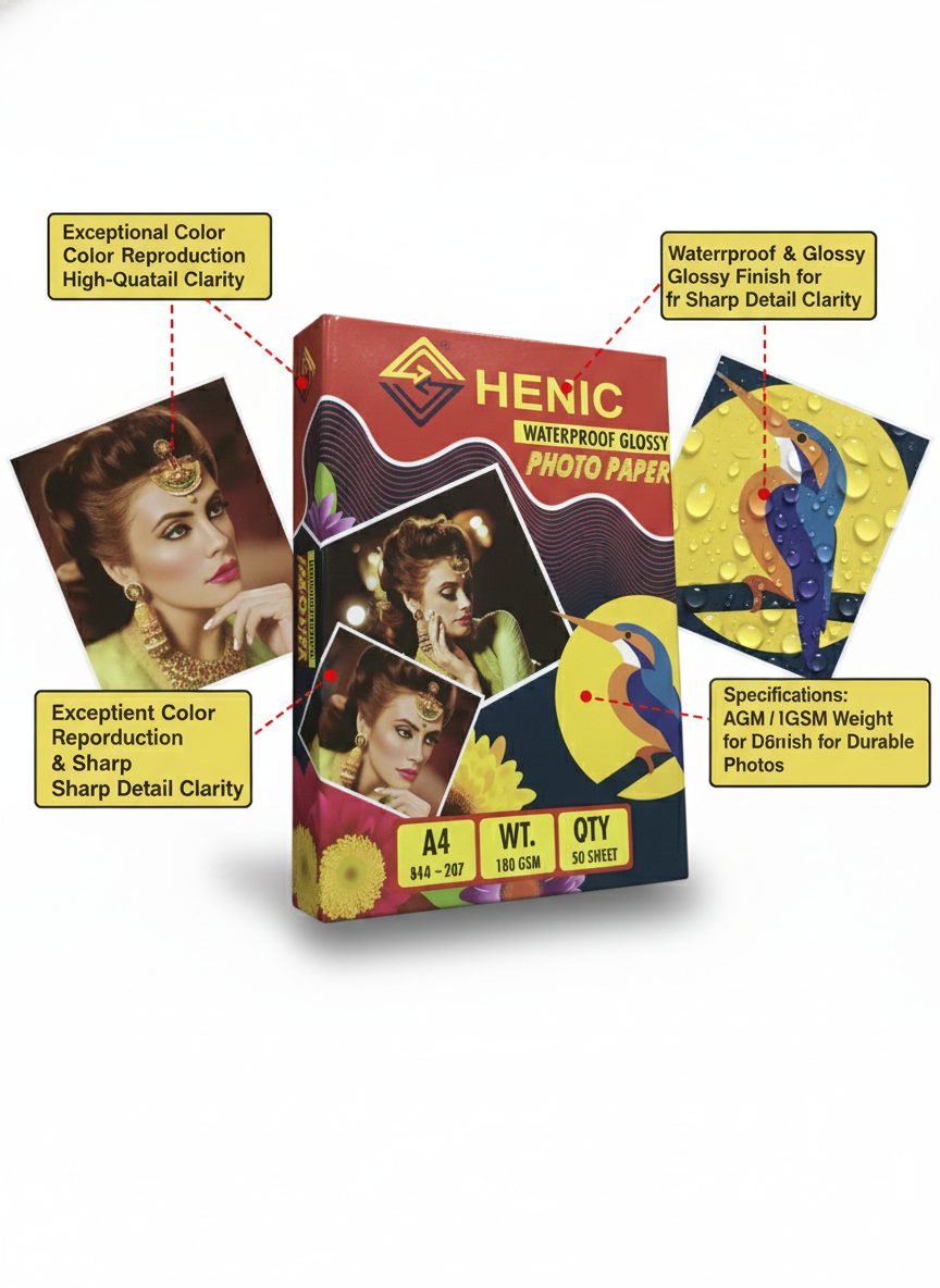 Henic A4 Waterproof Glossy Photo Paper, 180 GSM Inkjet Printing Paper, High Color Reproduction and Sharp Detail Clarity