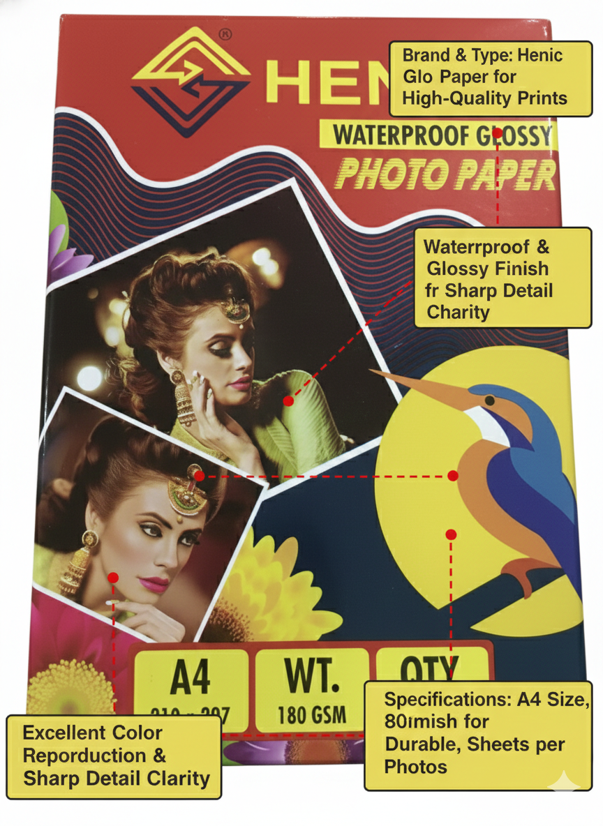 Henic A4 Waterproof Glossy Photo Paper, 180 GSM Inkjet Printing Paper, High Color Reproduction and Sharp Detail Clarity