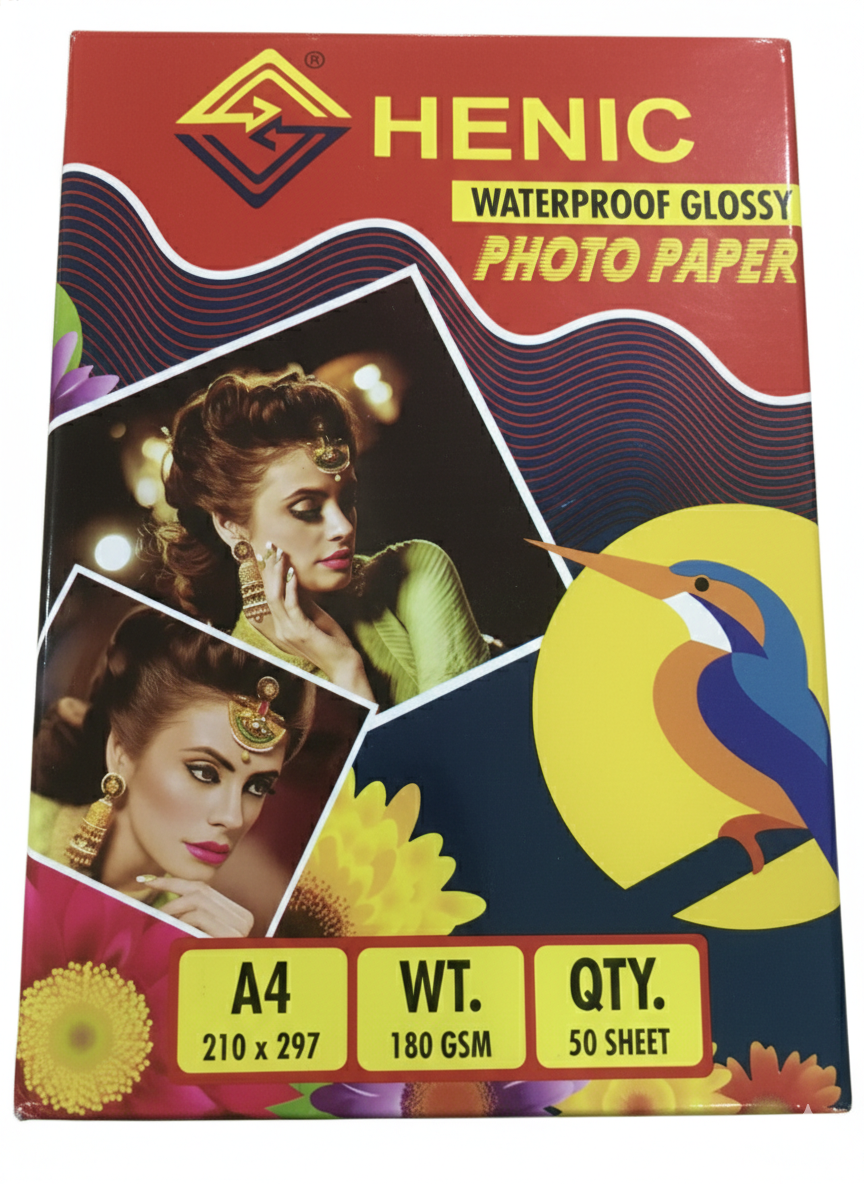 Henic A4 Waterproof Glossy Photo Paper, 180 GSM Inkjet Printing Paper, High Color Reproduction and Sharp Detail Clarity