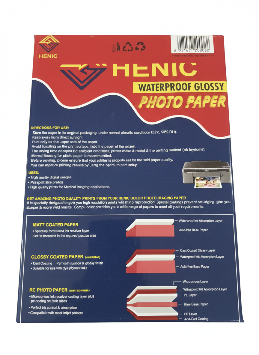 Henic A4 Waterproof Glossy Photo Paper, 180 GSM Inkjet Printing Paper, High Color Reproduction and Sharp Detail Clarity