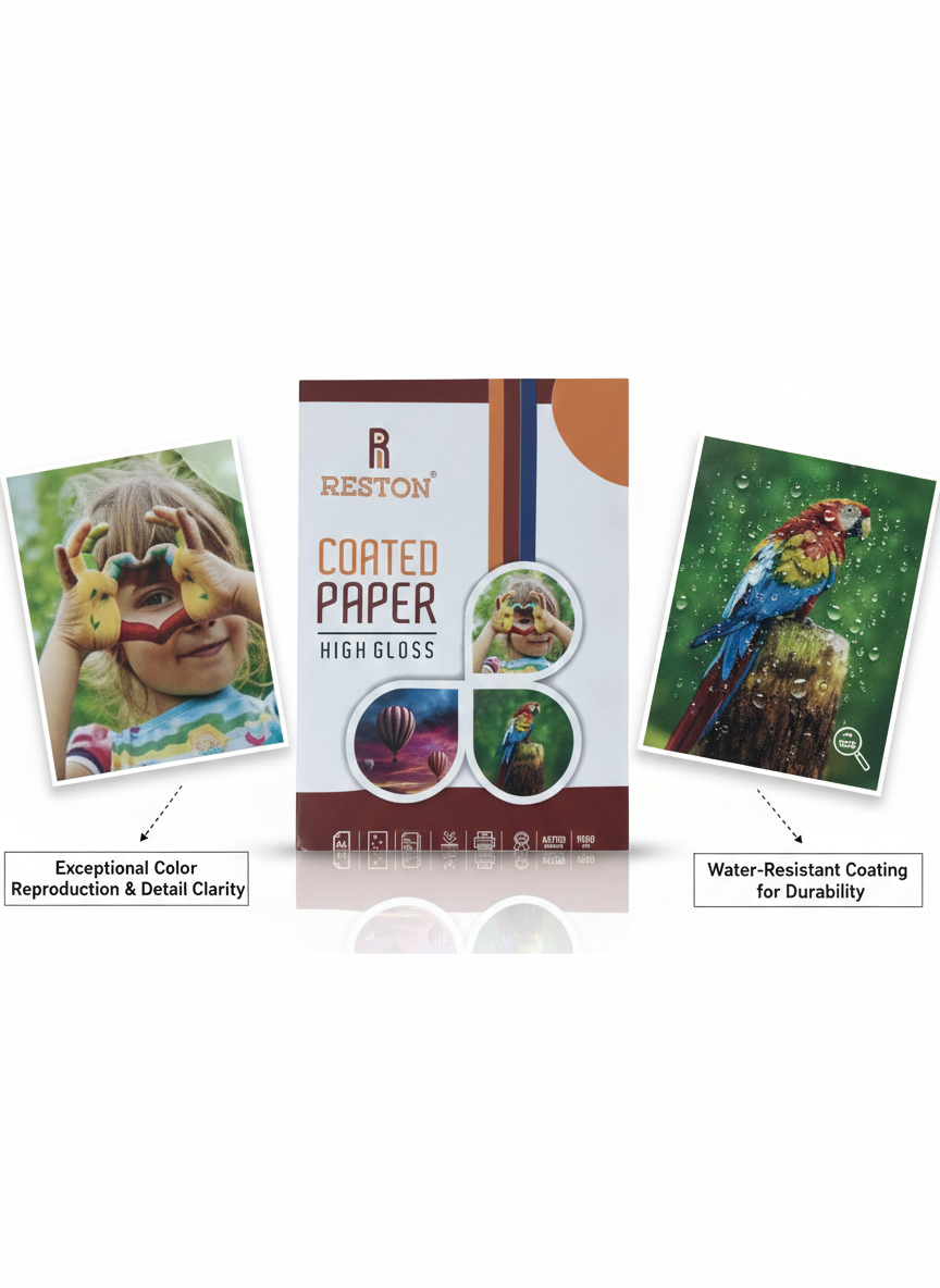 Reston High Gloss Coated Paper A4 Size, 180 GSM Waterproof Inkjet Paper for Sharp Photo Printing, Glossy Finish Paper for Photos, Flyers, Posters and Brochures