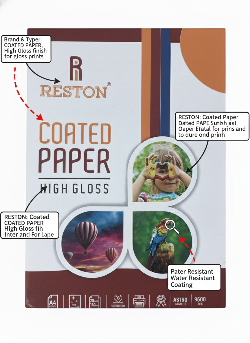 Reston High Gloss Coated Paper A4 Size, 180 GSM Waterproof Inkjet Paper for Sharp Photo Printing, Glossy Finish Paper for Photos, Flyers, Posters and Brochures