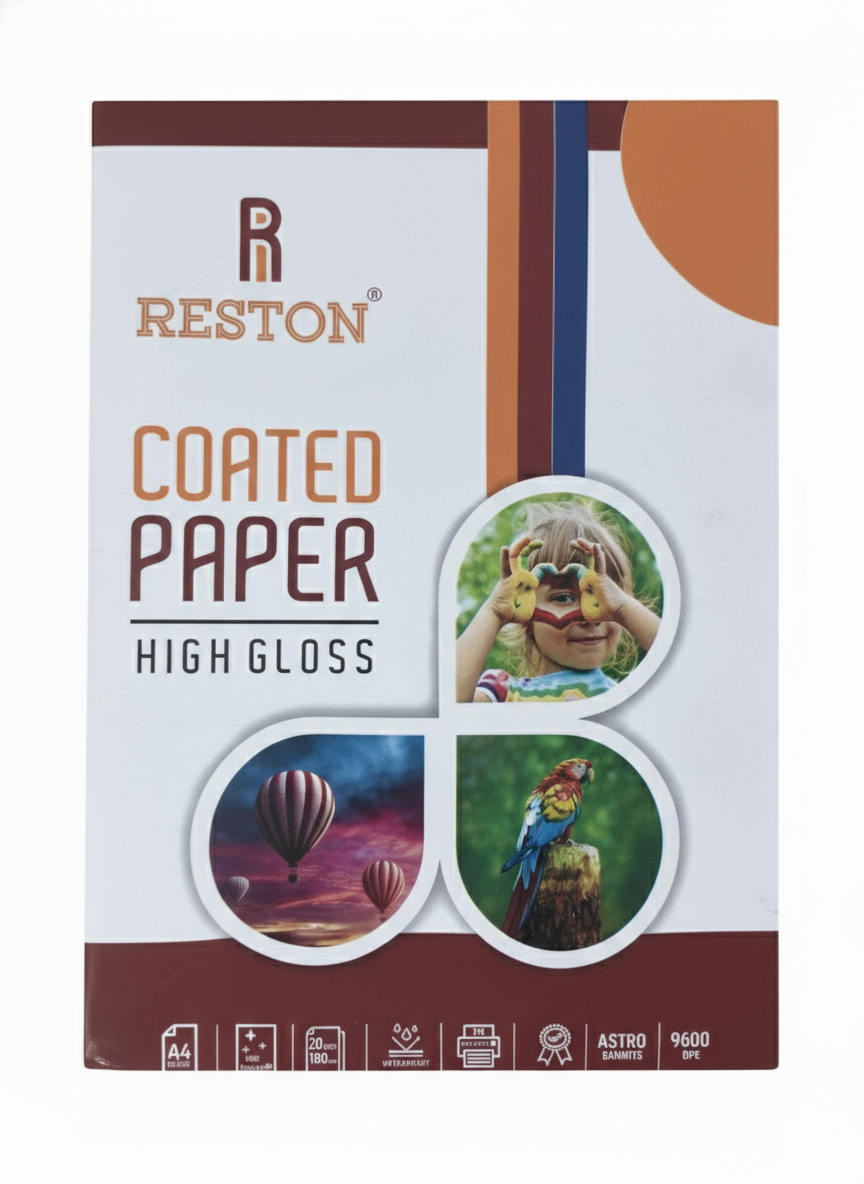 Reston High Gloss Coated Paper A4 Size, 180 GSM Waterproof Inkjet Paper for Sharp Photo Printing, Glossy Finish Paper for Photos, Flyers, Posters and Brochures