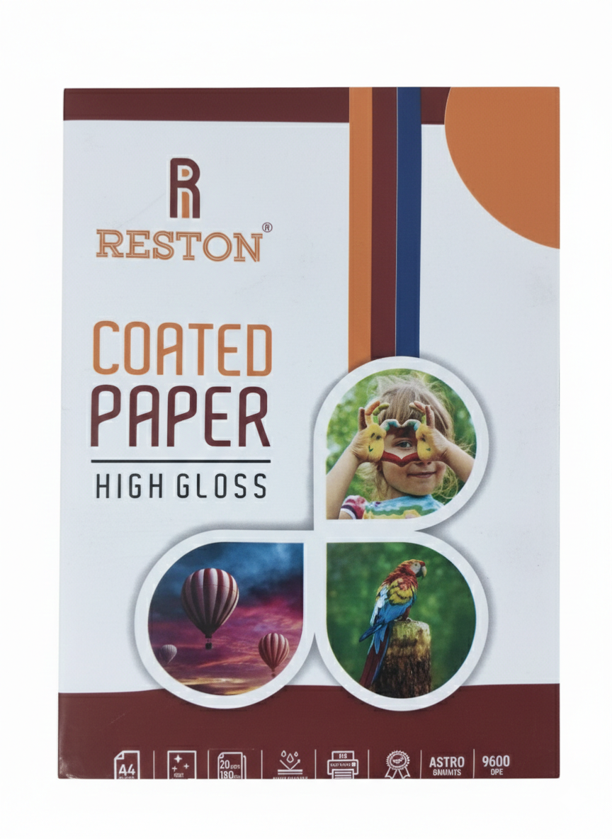 Reston High Gloss Coated Paper A4 Size, 180 GSM Waterproof Inkjet Paper for Sharp Photo Printing, Glossy Finish Paper for Photos, Flyers, Posters and Brochures
