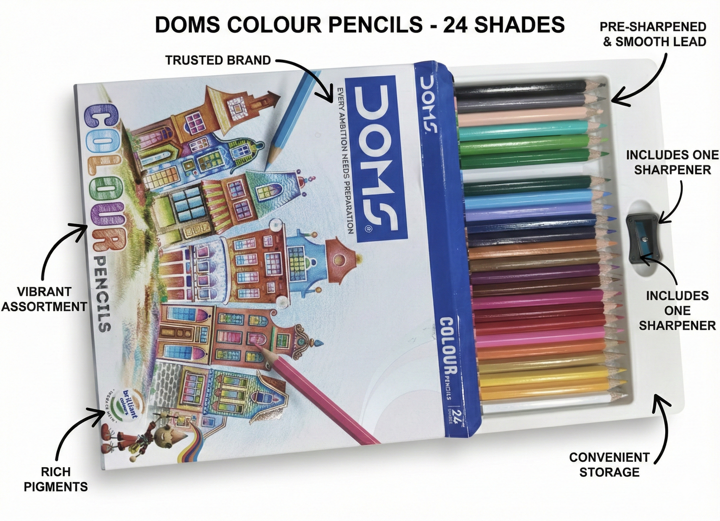 DOMS Colour Pencils 24 Shades Set with Sharpener, Pre-Sharpened Smooth Lead Coloring Pencils for Kids, School Projects, Drawing, Sketching and Art Activities