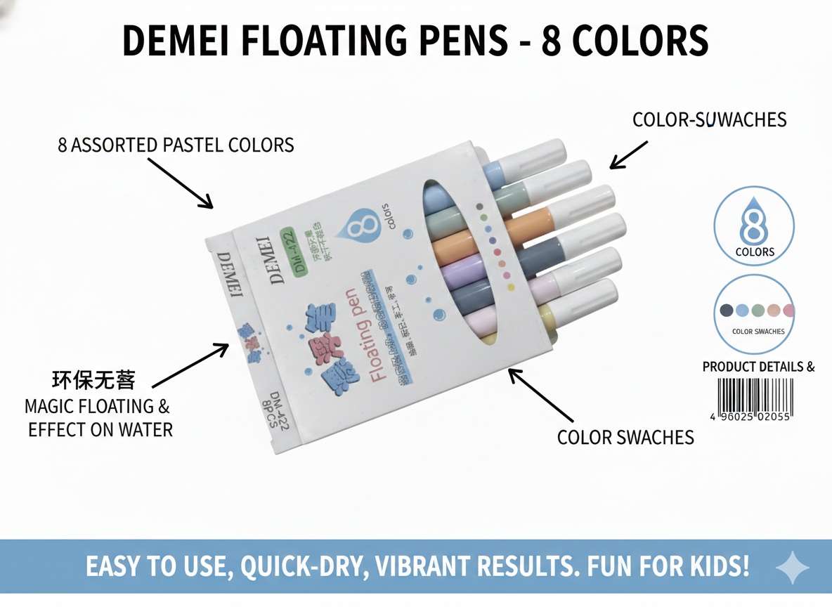 Bright pastel floating pens sell best on Amazon when the image highlights the water-floating effect, quick-dry ink, child-safe use, and the full 8-color range.