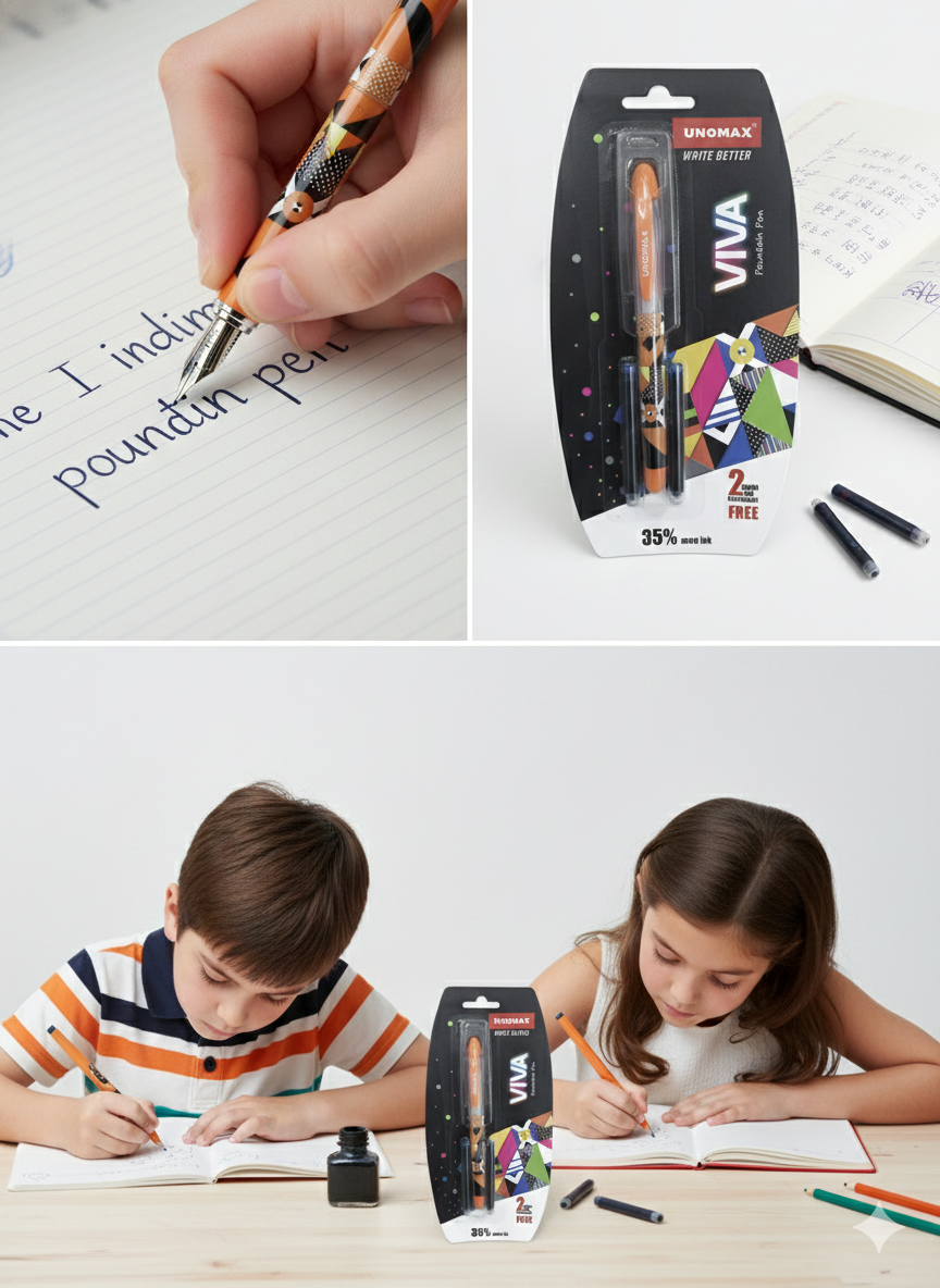 Unomax Viva Fountain Pen with 2 Jumbo Ink Cartridges, Smooth Writing Pen for Students and Professionals, Stylish Fountain Pen with Ergonomic Grip