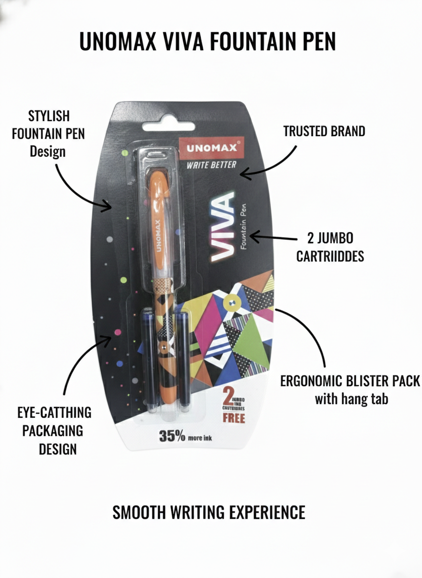 Unomax Viva Fountain Pen with 2 Jumbo Ink Cartridges, Smooth Writing Pen for Students and Professionals, Stylish Fountain Pen with Ergonomic Grip