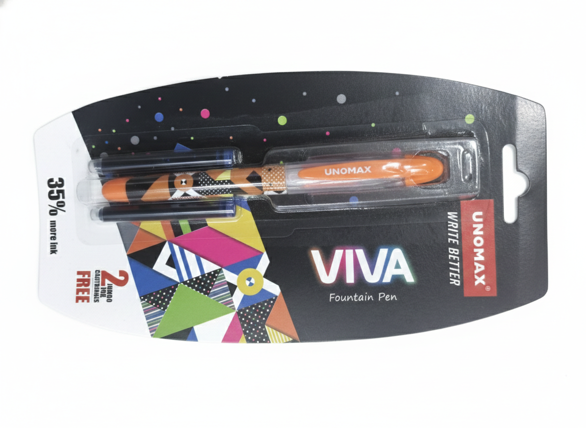 Unomax Viva Fountain Pen with 2 Jumbo Ink Cartridges, Smooth Writing Pen for Students and Professionals, Stylish Fountain Pen with Ergonomic Grip
