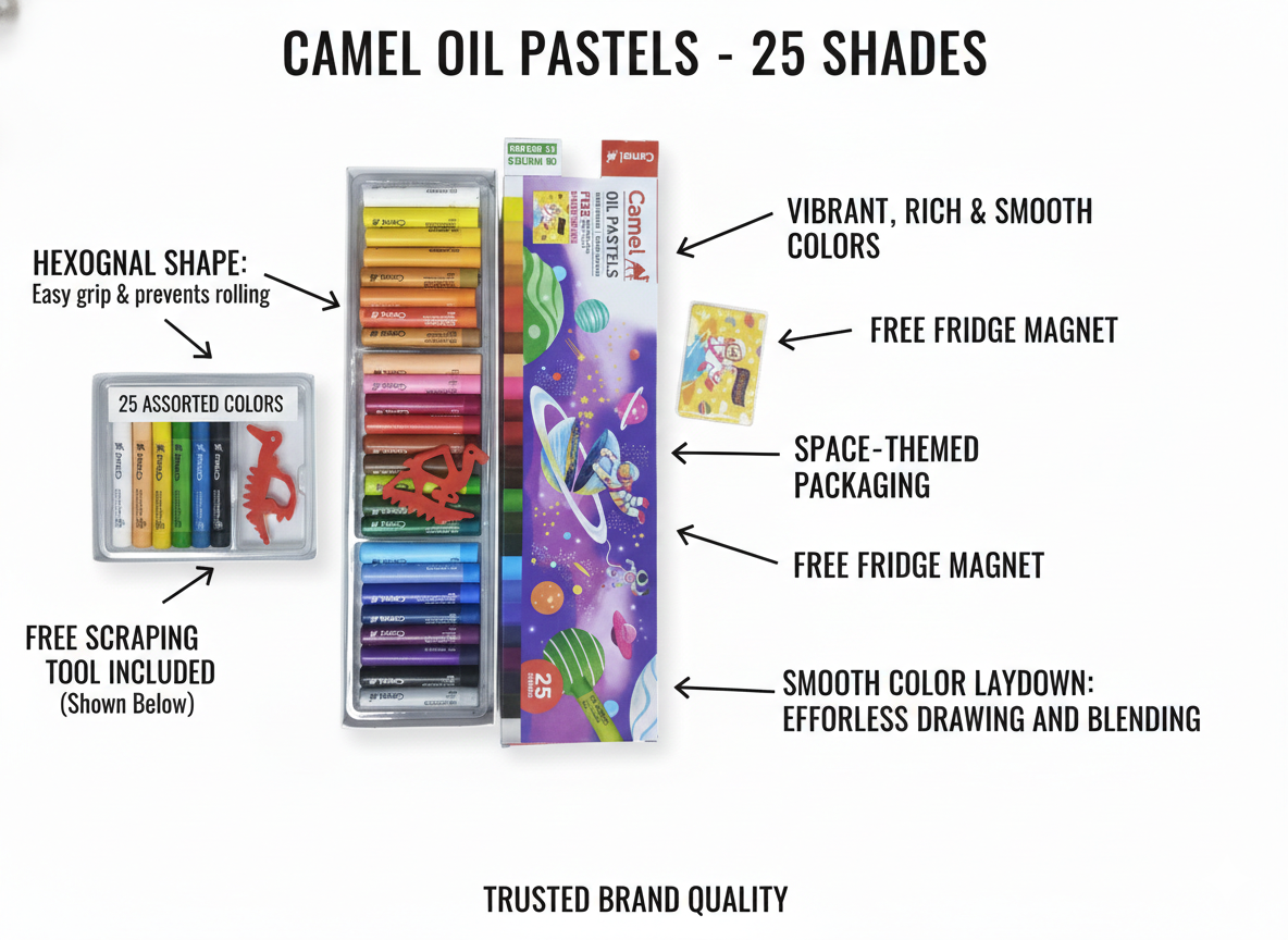 Camel Oil Pastels Set of 25 Shades with Scraping Tool and Free Fridge Magnet, Rich Smooth Colors for Drawing, Blending, Shading, and Art Projects