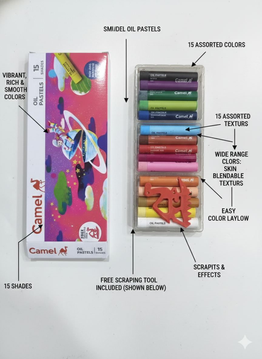 Camel Oil Pastels Set of 15 Shades with Free Scraping Tool, Smooth Rich Colors for Drawing, Shading, Blending, School Projects and Art Activities