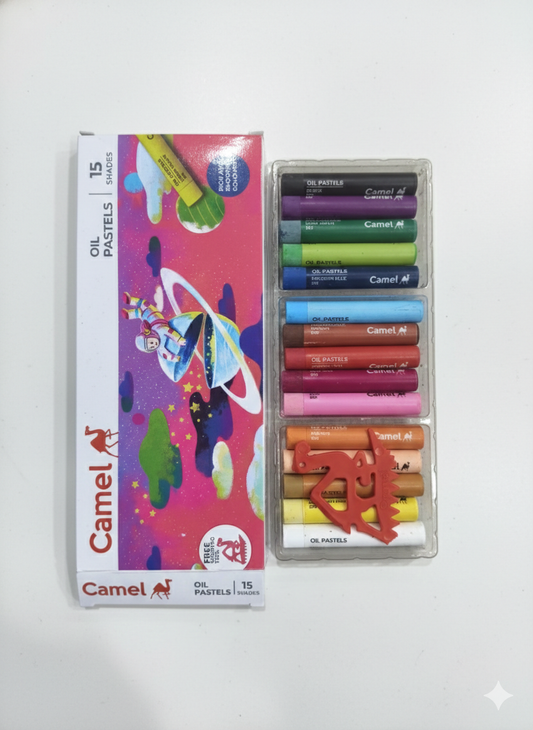 Camel Oil Pastels Set of 15 Shades with Free Scraping Tool, Smooth Rich Colors for Drawing, Shading, Blending, School Projects and Art Activities