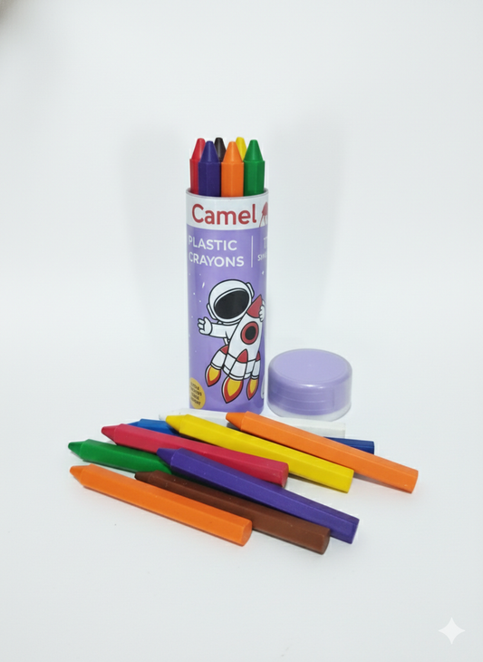 Camel Plastic Crayons Set of 15 Assorted Shades with Reusable Storage Tube, Smooth Coloring Crayons for Kids