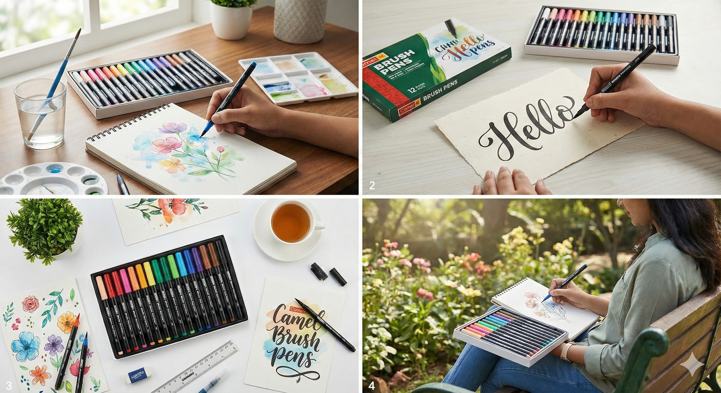 Camel Brush Pens Set, 24 Shades Water-Based Brush Tip Pens for Calligraphy, Coloring, Hand Lettering, Sketching, Journaling and Art Projects