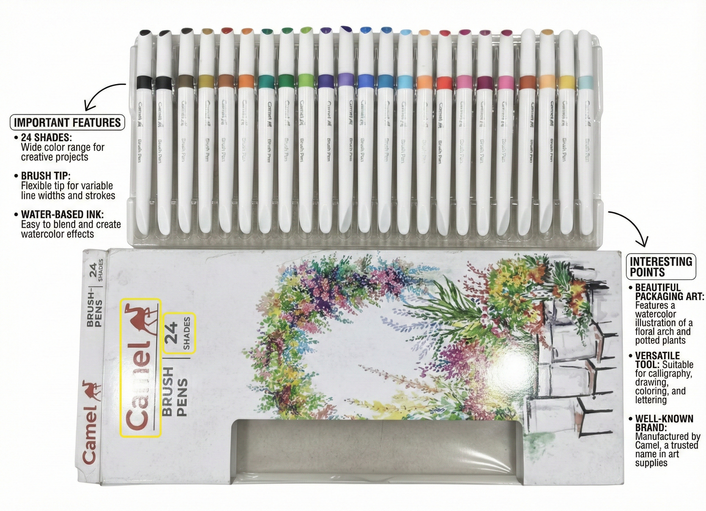 Camel Brush Pens Set, 24 Shades Water-Based Brush Tip Pens for Calligraphy, Coloring, Hand Lettering, Sketching, Journaling and Art Projects