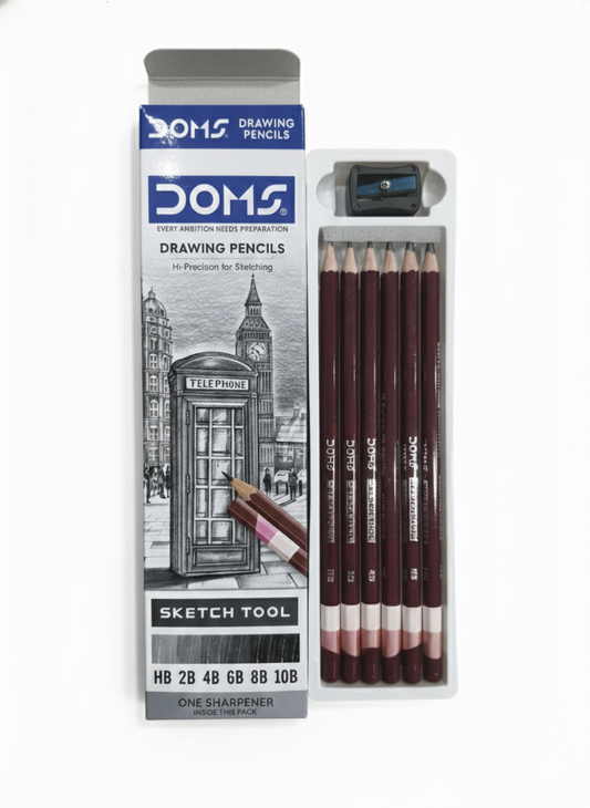 DOMS Drawing Pencils Set with Sharpener – Sketching Pencils Kit (HB, 2B, 4B, 6B, 8B, 10B),