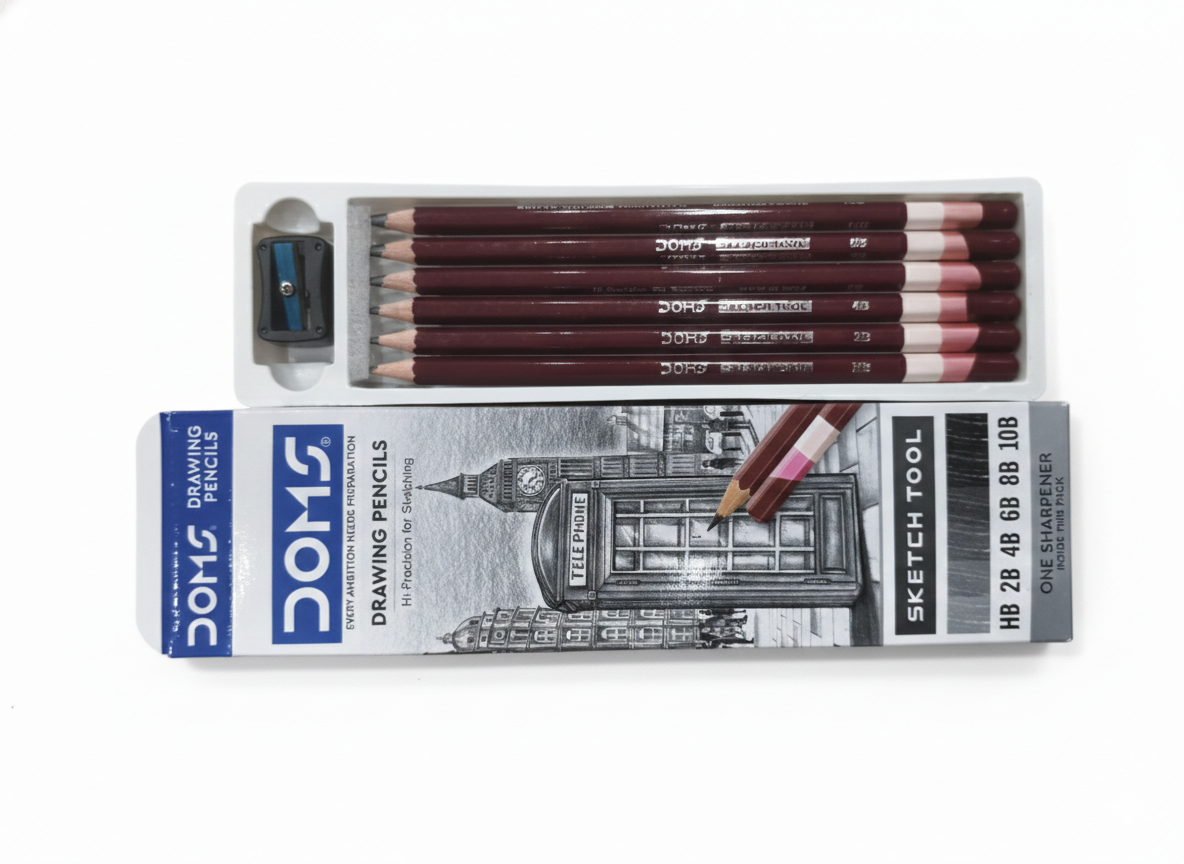DOMS Drawing Pencils Set with Sharpener, 6 Sketching Pencils HB 2B 4B 6B 8B 10B for Drawing, Shading, Sketching and Art Projects