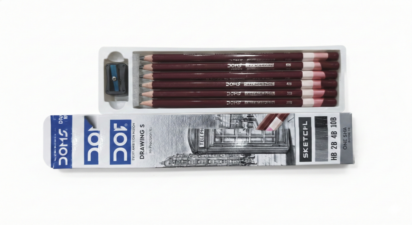 DOMS Drawing Pencils Set with Sharpener – Sketching Pencils Kit (HB, 2B, 4B, 6B, 8B, 10B),