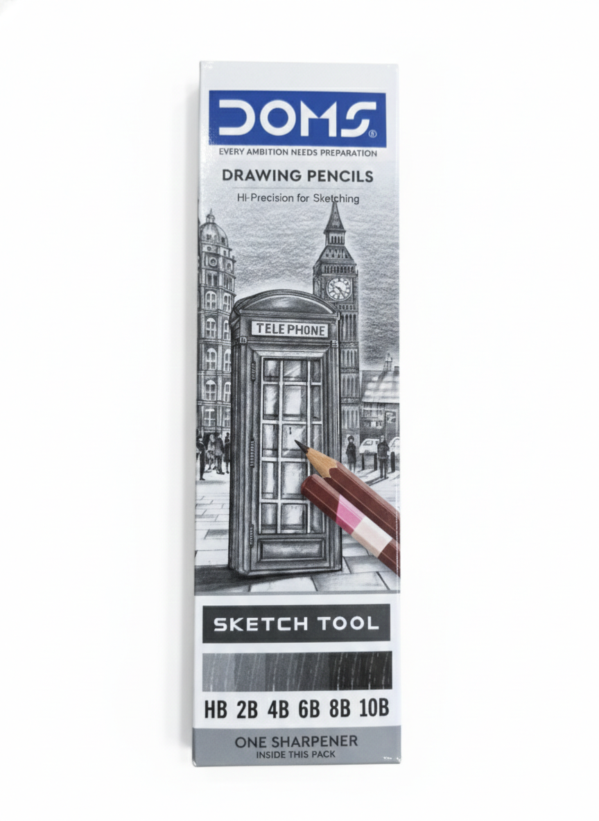 DOMS Drawing Pencils Set with Sharpener, 6 Sketching Pencils HB 2B 4B 6B 8B 10B for Drawing, Shading, Sketching and Art Projects