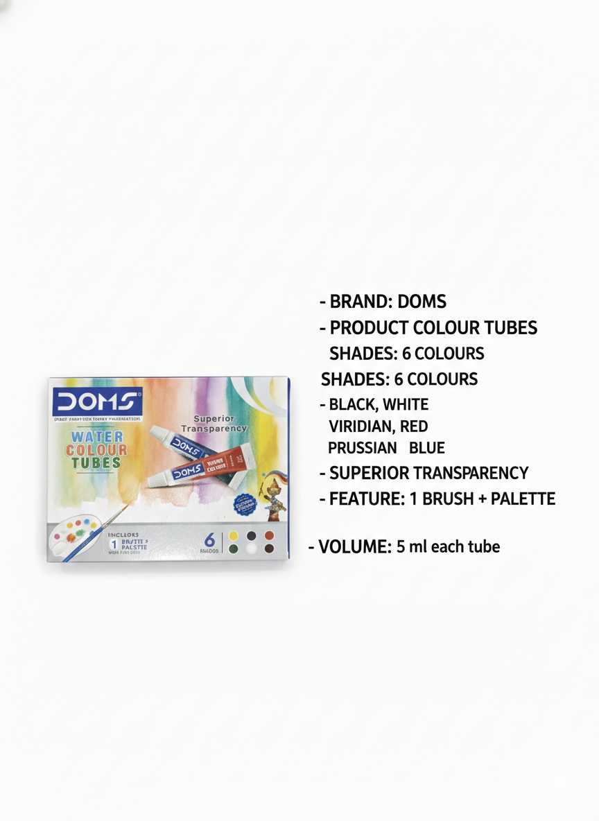 DOMS Water Colour Tubes Set, 6 Shades Watercolor Paint Tubes with Brush and Palette, Transparent Water Colours for Kids, Students and Artists