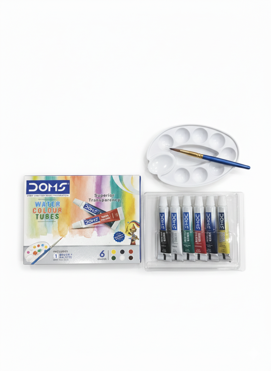 DOMS Water Colour Tubes Set, 6 Shades Watercolor Paint Tubes with Brush and Palette, Transparent Water Colours for Kids, Students and Artists