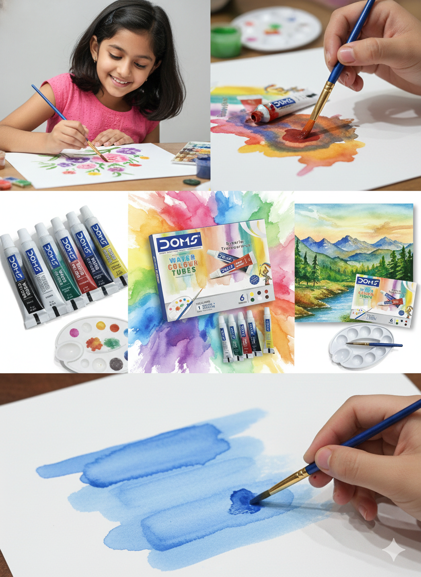 DOMS Water Colour Tubes Set, 6 Shades Watercolor Paint Tubes with Brush and Palette, Transparent Water Colours for Kids, Students and Artists
