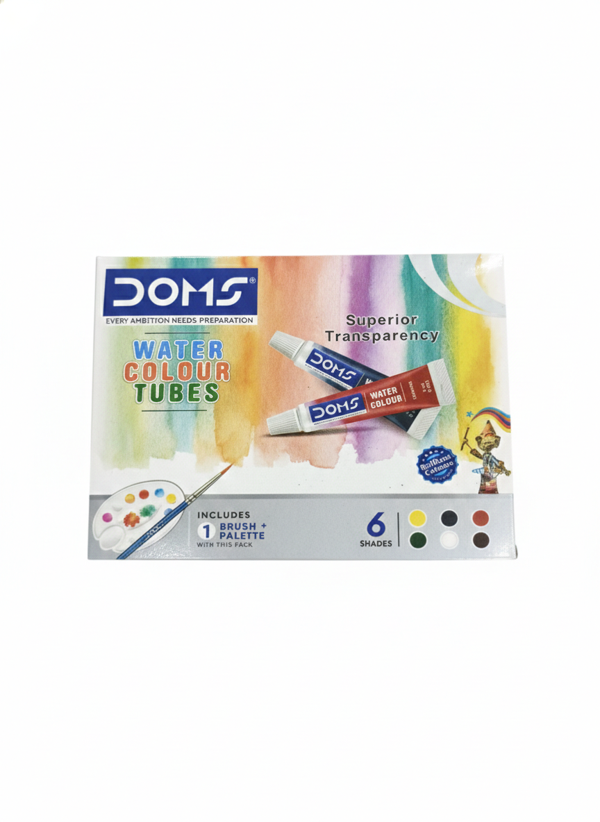 DOMS Water Colour Tubes Set, 6 Shades Watercolor Paint Tubes with Brush and Palette, Transparent Water Colours for Kids, Students and Artists