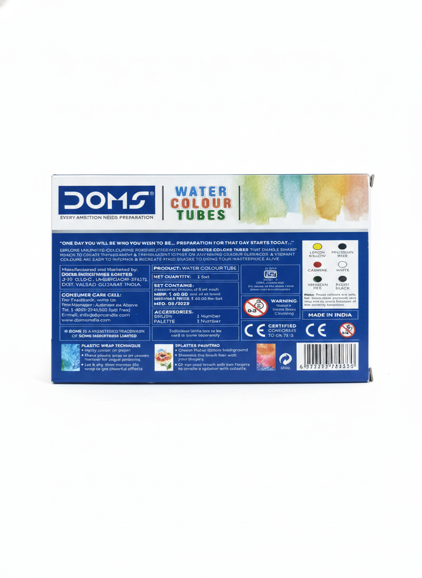 DOMS Water Colour Tubes Set, 6 Shades Watercolor Paint Tubes with Brush and Palette, Transparent Water Colours for Kids, Students and Artists