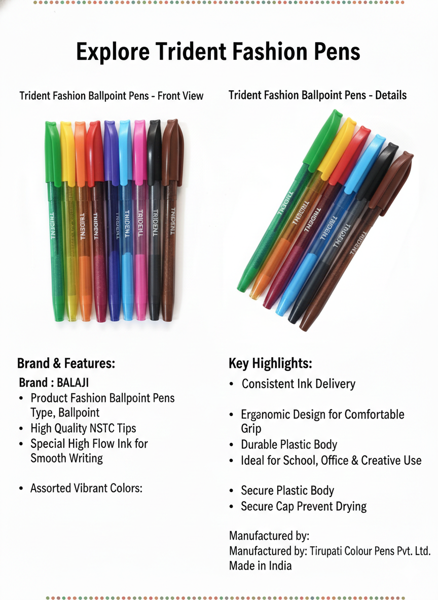 Trident Fashion Ballpoint Pens Set (Pack of Assorted Colors)