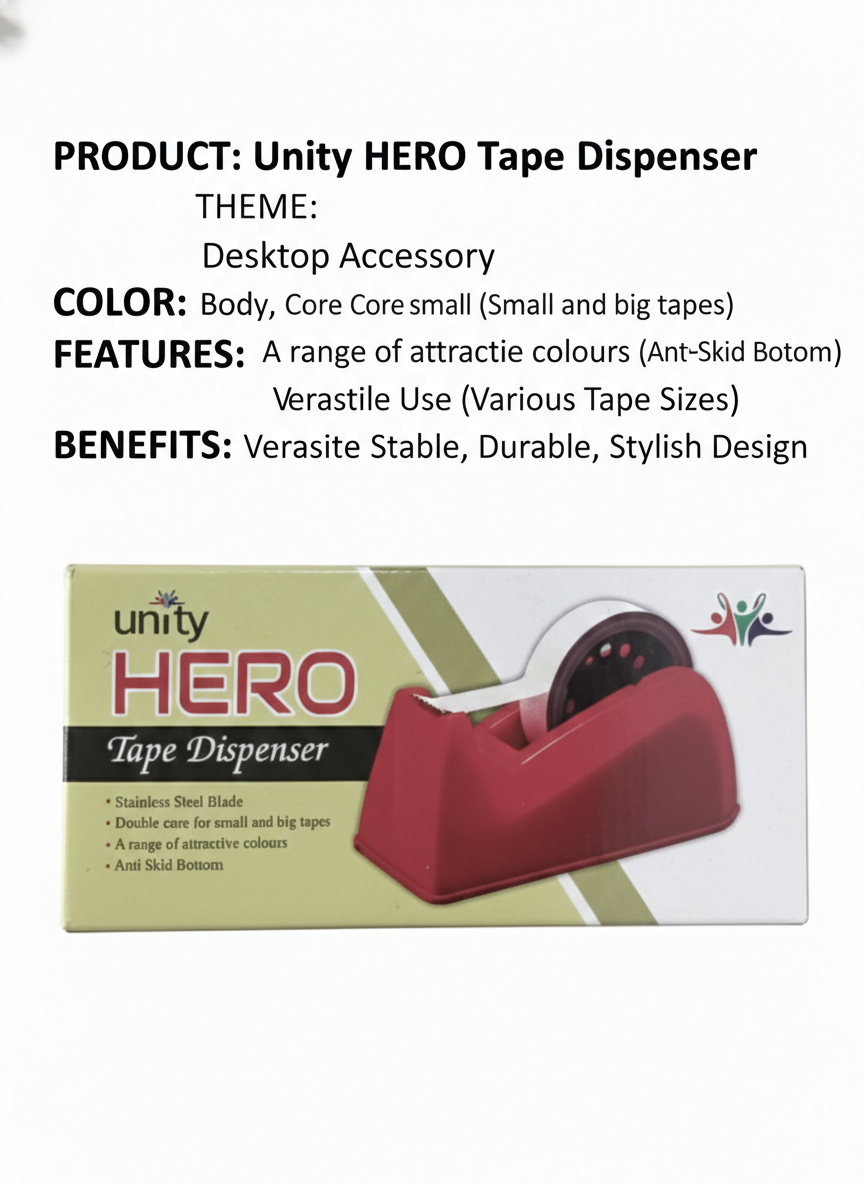 Unity HERO Tape Dispenser for Office Desk, Anti-Skid Base Tape Holder with Stainless Steel Blade,
