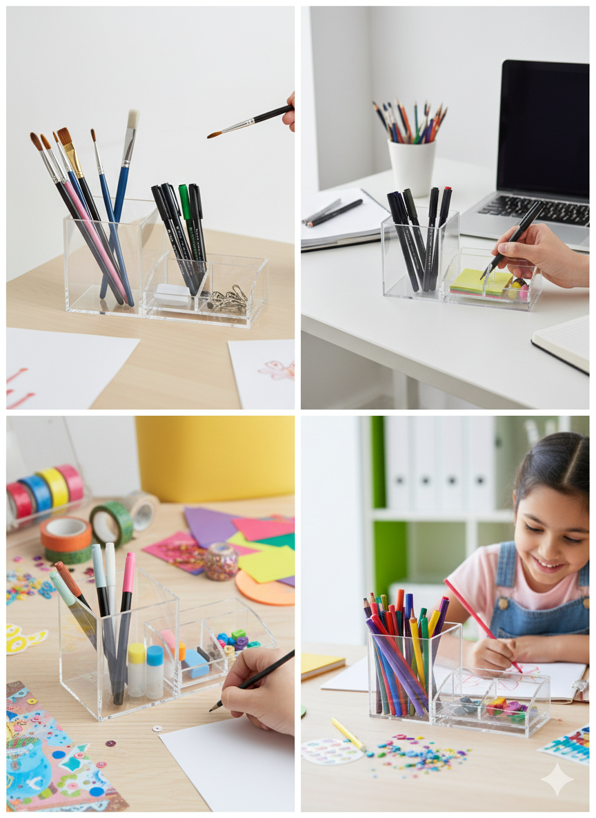 Clear Acrylic Desk Organizer with Pen Holder and Multi-Compartment Storage, Transparent Stationery Organizer for Office Desk,