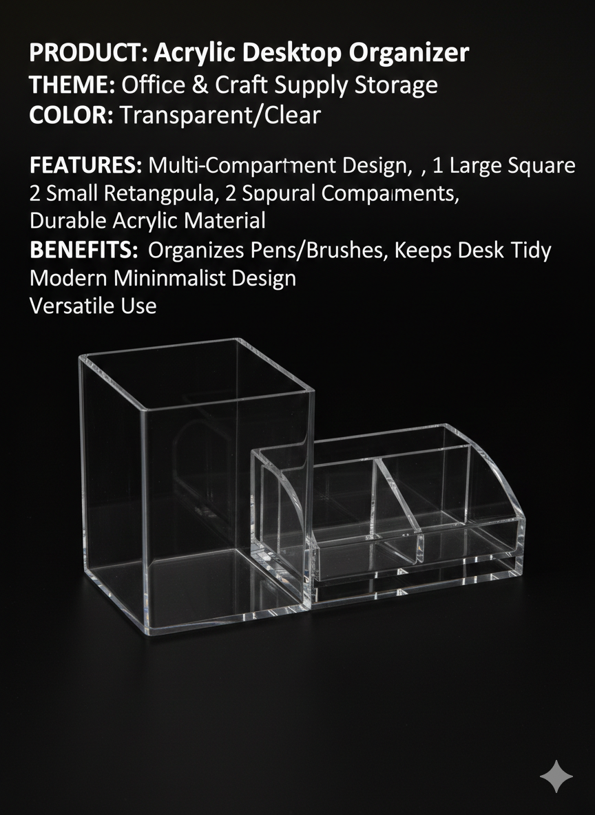 Clear Acrylic Desk Organizer with Pen Holder and Multi-Compartment Storage, Transparent Stationery Organizer for Office Desk,