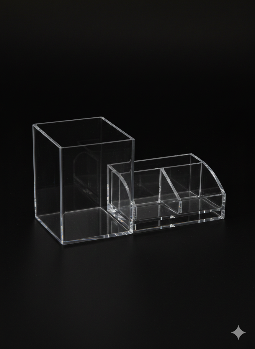 Clear Acrylic Desk Organizer with Pen Holder and Multi-Compartment Storage, Transparent Stationery Organizer for Office Desk,