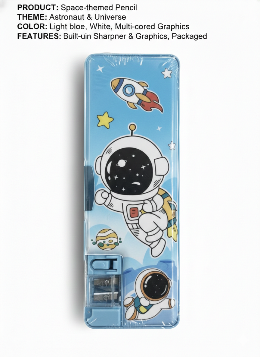 Space Astronaut Pencil Case for Kids – Cartoon Printed Pencil Box with Built-in Sharpener – Durable School Stationery Organizer for Boys & Girls