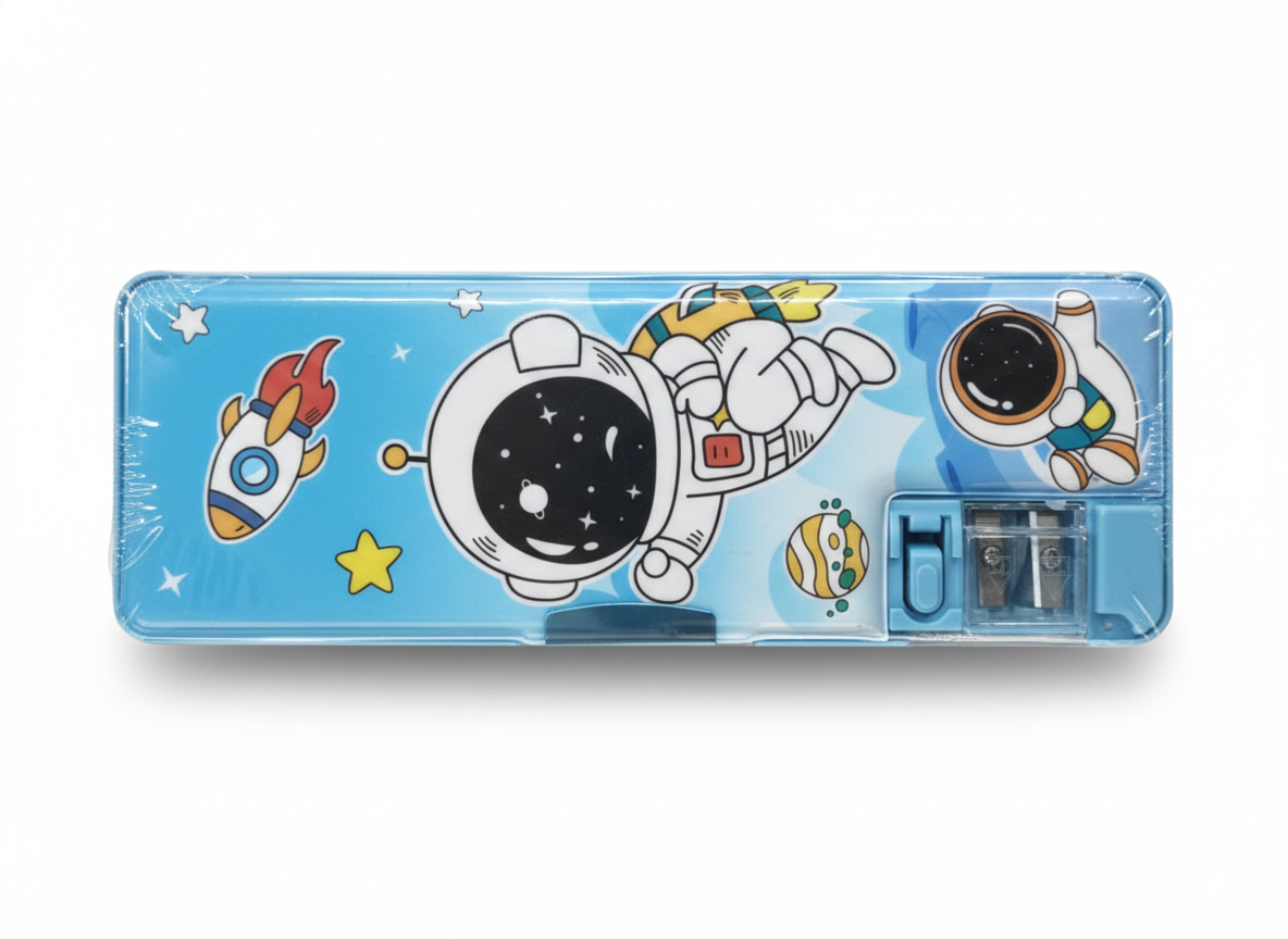 Space Astronaut Pencil Case for Kids – Cartoon Printed Pencil Box with Built-in Sharpener – Durable School Stationery Organizer for Boys & Girls