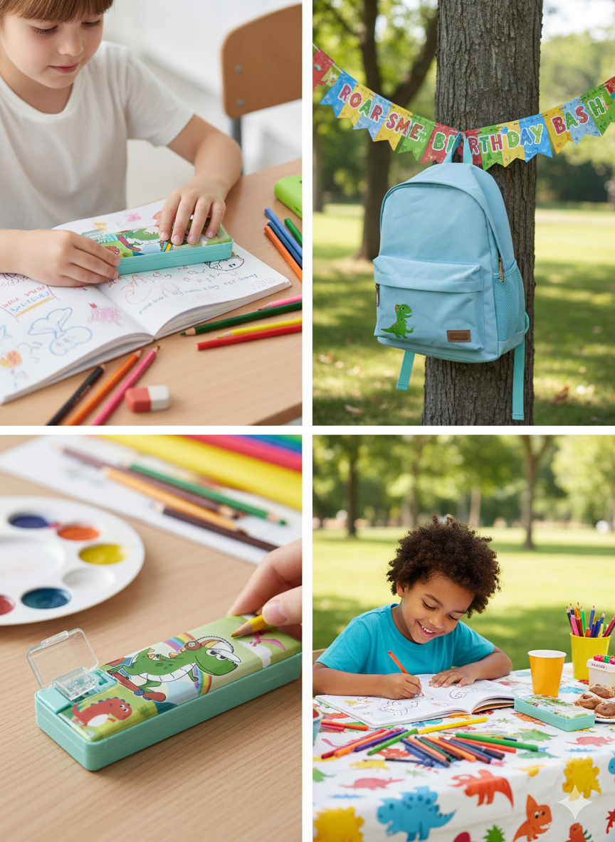 Dinosaur Pencil Case for Kids – Cartoon Printed Pencil Box with Built-in Sharpener – Durable Multi-Color School Stationery Organizer