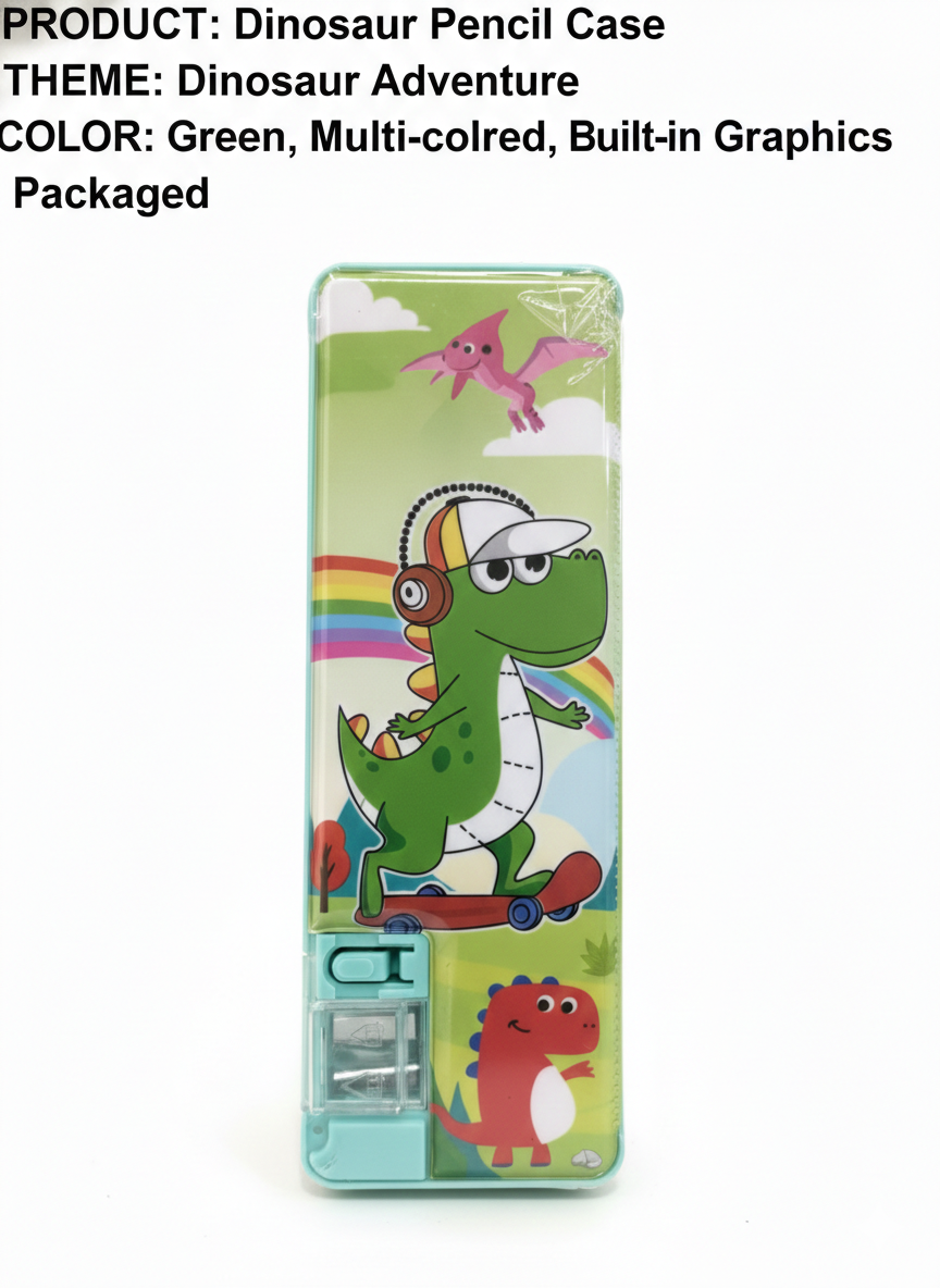 Dinosaur Pencil Case for Kids – Cartoon Printed Pencil Box with Built-in Sharpener – Durable Multi-Color School Stationery Organizer