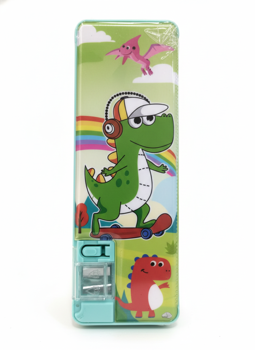 Dinosaur Pencil Case for Kids – Cartoon Printed Pencil Box with Built-in Sharpener – Durable Multi-Color School Stationery Organizer