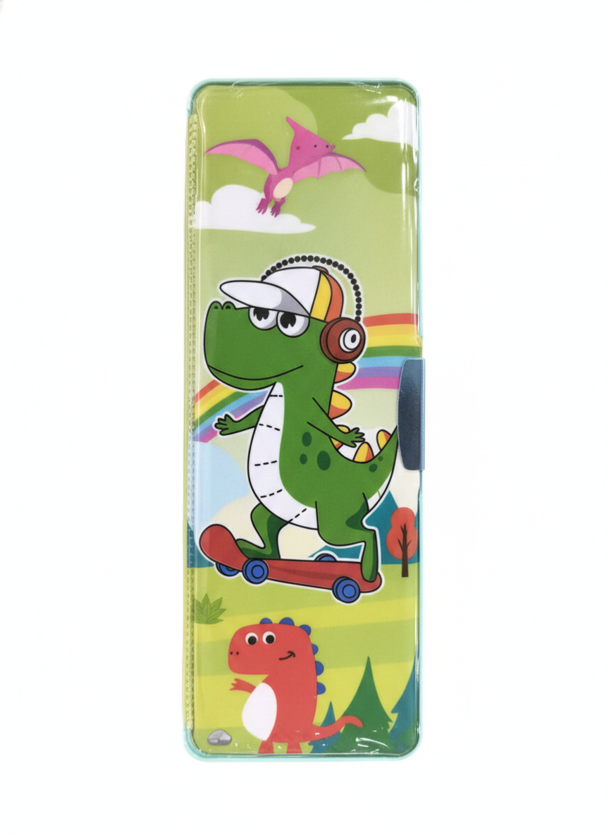 Dinosaur Pencil Case for Kids – Cartoon Printed Pencil Box with Built-in Sharpener – Durable Multi-Color School Stationery Organizer