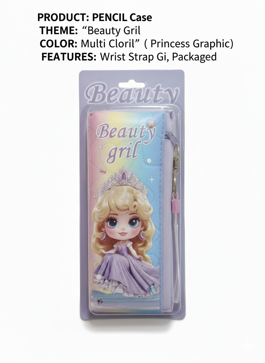 Beauty Girl Pencil Case for Kids – Cute Princess Printed Zipper Pouch with Wrist Strap – Multi-Color School Stationery Organizer for Girls
