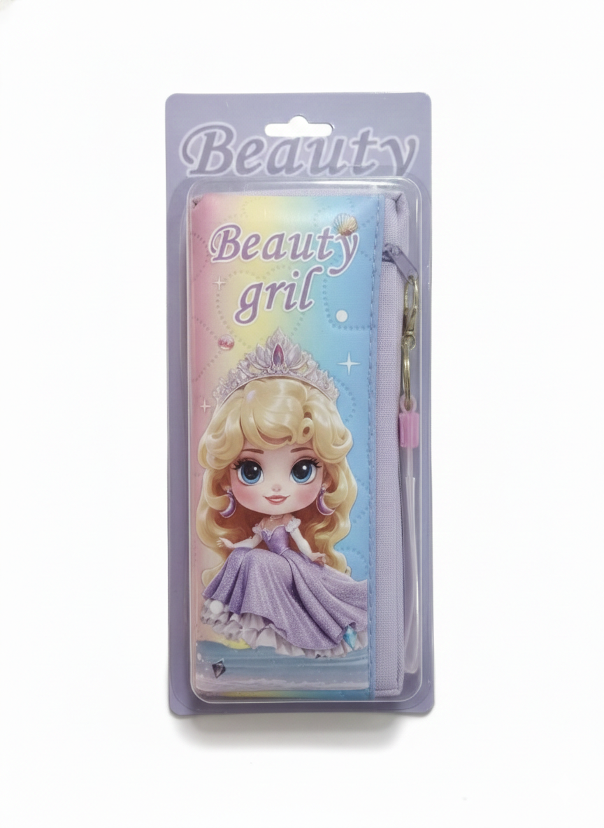 Beauty Girl Pencil Case for Kids – Cute Princess Printed Zipper Pouch with Wrist Strap – Multi-Color School Stationery Organizer for Girls