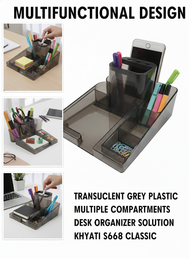 Khyati S668 Classic Desk Organizer – Multi-Compartment Plastic Organizer for Office & Study Table – Translucent Grey Pen Stand & Storage Tray