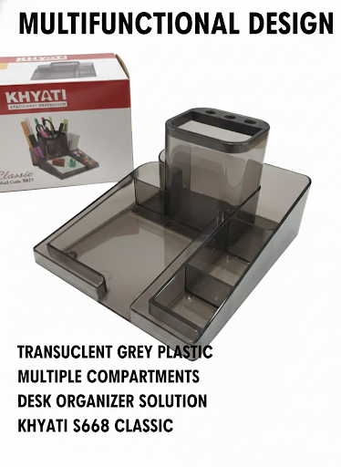 Khyati S668 Classic Desk Organizer – Multi-Compartment Plastic Organizer for Office & Study Table – Translucent Grey Pen Stand & Storage Tray