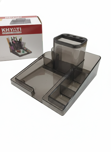 Khyati S668 Classic Desk Organizer – Multi-Compartment Plastic Organizer for Office & Study Table – Translucent Grey Pen Stand & Storage Tray