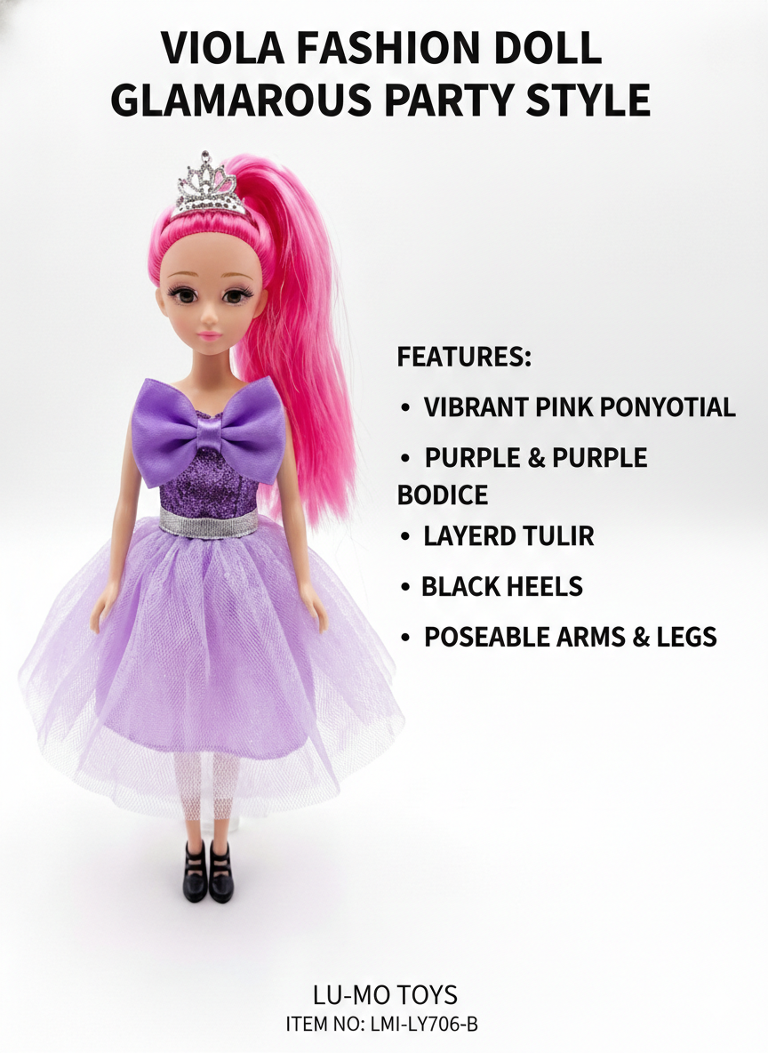 Viola Fashion Doll for Girls | Glamorous Party Style Doll with Pink Hair & Purple Dress