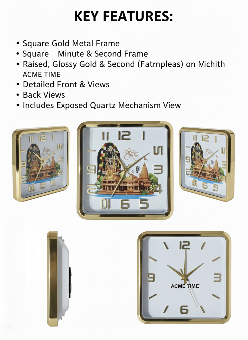 Square Gold Wall Clock with Metal Frame | Designer Temple Print & Minimal Dial