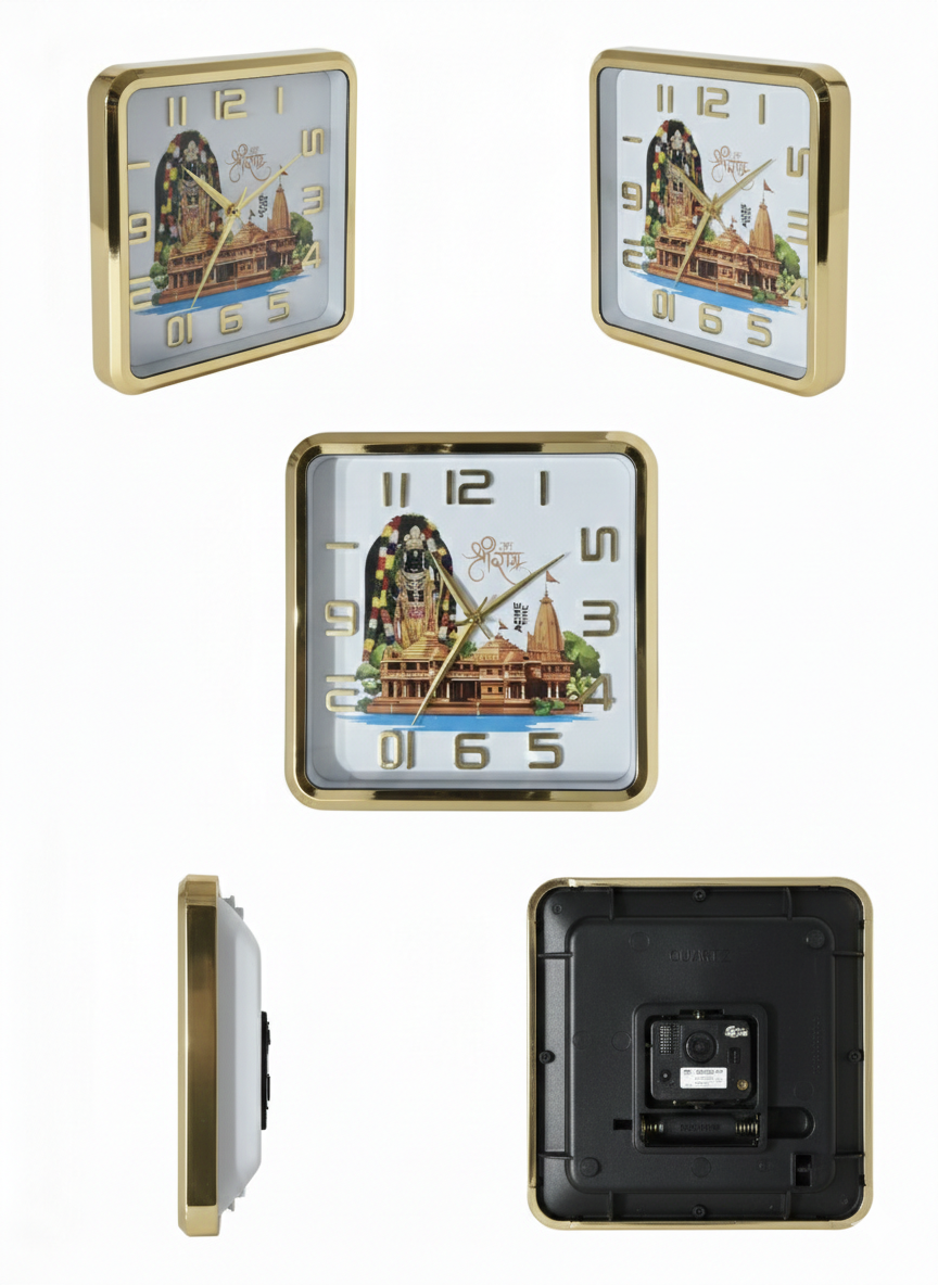 Square Gold Wall Clock with Metal Frame | Designer Temple Print & Minimal Dial