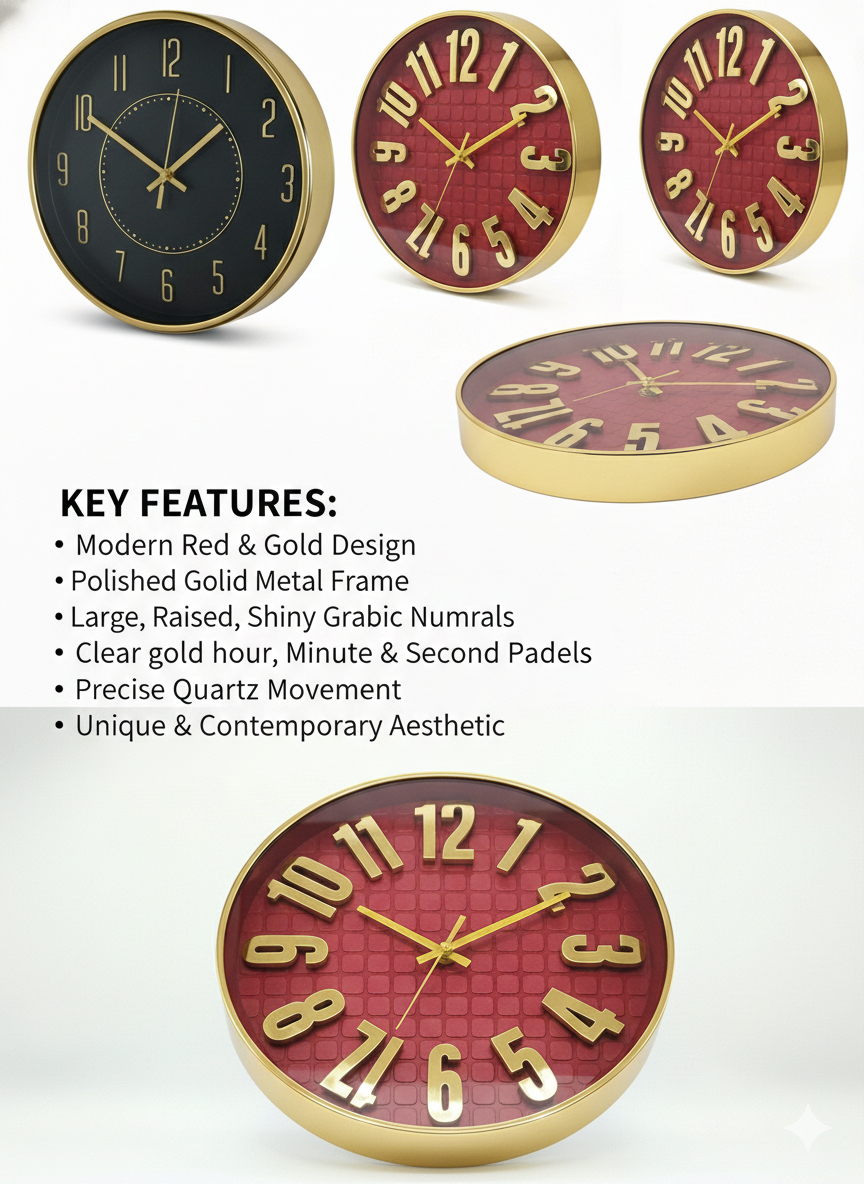 Luxury Red & Gold Wall Clock 12 Inch – Silent Quartz Movement, Metal Frame, Large Raised Numerals