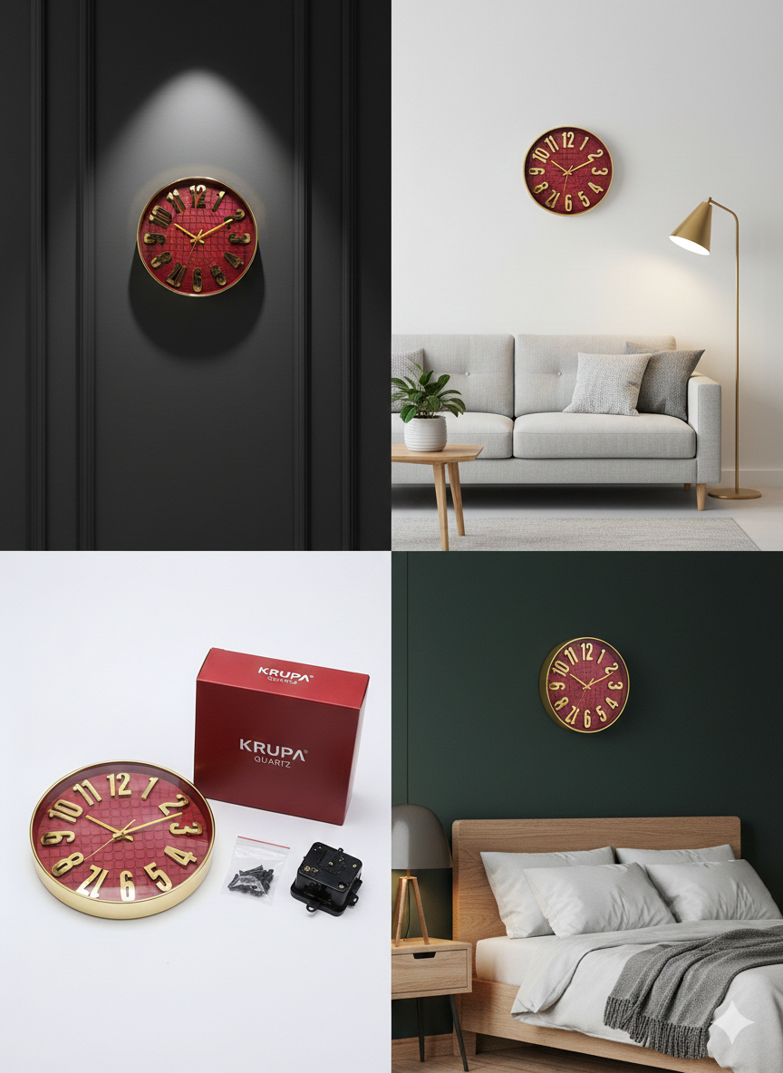 Luxury Red & Gold Wall Clock 12 Inch – Silent Quartz Movement, Metal Frame, Large Raised Numerals