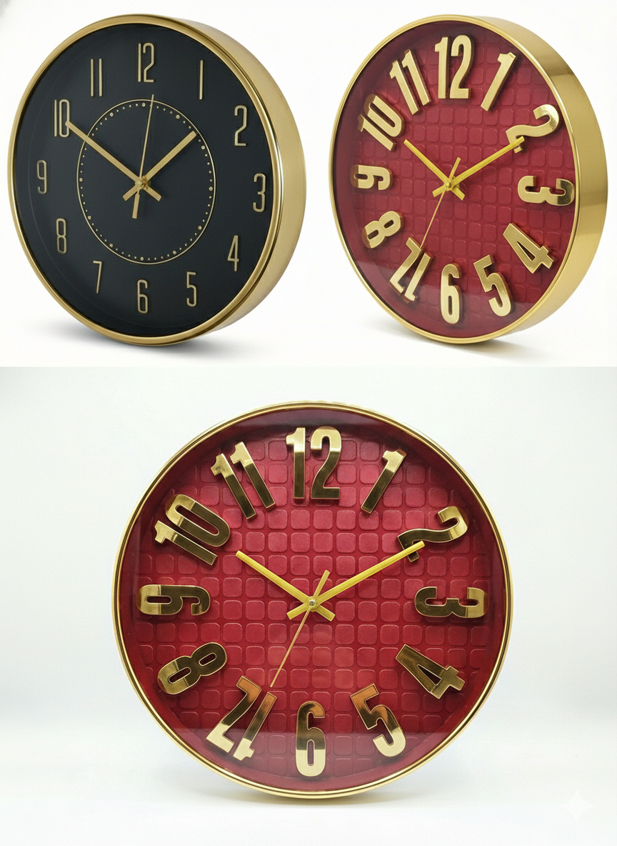 Luxury Red & Gold Wall Clock 12 Inch – Silent Quartz Movement, Metal Frame, Large Raised Numerals